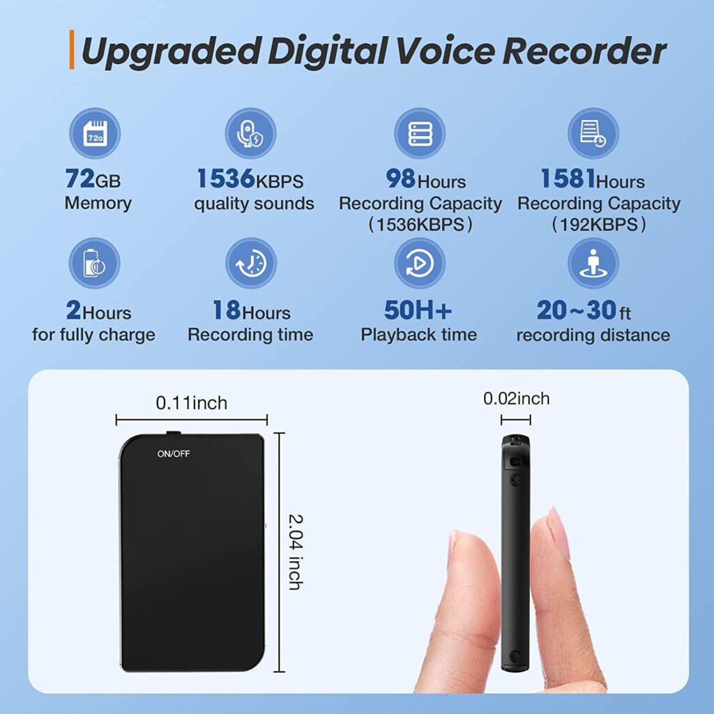 72GB Digital Voice Recorder 1581H Recording Capacity |18H Battery time for Recording |54H Battery for Playback, Compatible with Phone/PC/MAC, Voice Activated Recorder with Noise Reduction for Lecture
