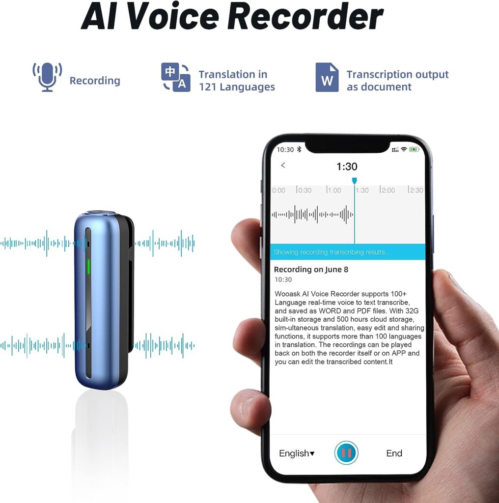 Wooask Mini Voice Recorder 16GB Smart Digital Voice Recorder with AI Transcription and Translation, Support Both USB and Wireless File Transfer